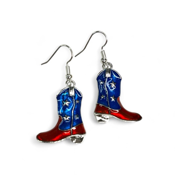 Western style Americana USA ๐บ๐ธ Boot Earrings silver tone NWOT - Picture 2 of 3